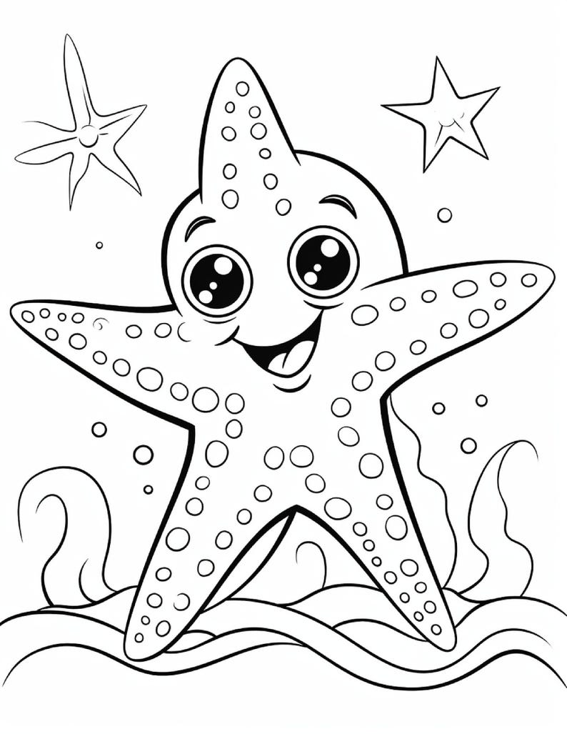 May include: A black and white line art illustration of a smiling starfish with large eyes, textured with circular patterns on its arms. The starfish is positioned above wavy lines representing water, accompanied by two smaller starfish and bubbles.