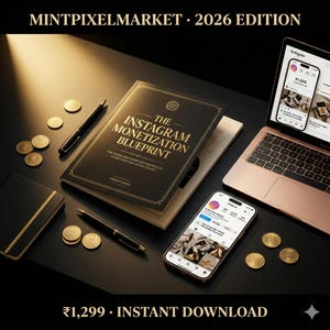 Op de afbeelding: Een zwart en goud boek getiteld "The Instagram Monetization Blueprint" ligt op een bureau naast een laptop en smartphone. Pennen, munten en een notitieboekje zijn ook aanwezig. De tekst "MINTPIXELMARKET • 2026 EDITION" staat bovenaan.