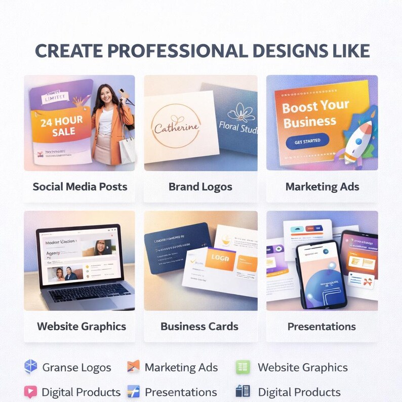 May include: A promotional graphic showcasing various design types. It features examples like social media posts, brand logos, marketing ads, website graphics, business cards, and presentations. The text "CREATE PROFESSIONAL DESIGNS LIKE" is at the top.