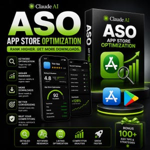 Puede incluir: Un gráfico de marketing digital para Claude AI App Store Optimization con dos teléfonos inteligentes que muestran análisis de aplicaciones, una caja negra con el texto ASO APP STORE OPTIMIZATION, iconos de tiendas de aplicaciones, una lupa y un regalo.