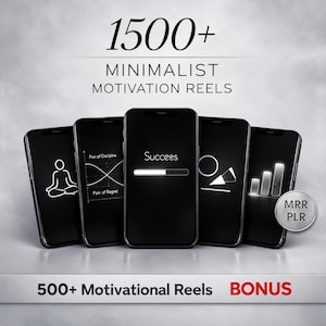 May include: Five black smartphones with minimalist motivational graphics. The screens display text and white line art, including a person in a yoga pose, a progress bar with the word "Succees", and charts. The text at the top reads "1500+ MINIMALIST MOTIVATION REELS".