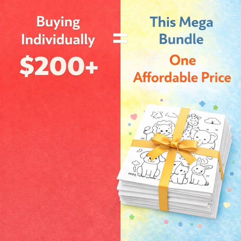 May include: A stack of white paper sheets featuring black line art of various animals, tied with a yellow ribbon. The text reads: Buying Individually $200+ = This Mega Bundle One Affordable Price. The background is split between red and blue.