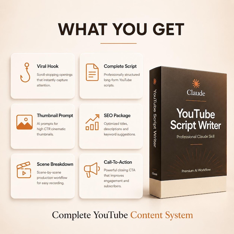 May include: A black and white box labeled YouTube Script Writer with a list of features including Viral Hook, Complete Script, Thumbnail Prompt, SEO Package, Scene Breakdown, and Call-To-Action, all under the heading What You Get.