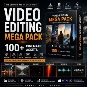 May include: A digital product box labeled Video Editing Mega Pack featuring 100+ cinematic assets. The black packaging displays text including The Ultimate All-In-One Bundle, 4K resolution, transitions, LUTs, overlays, sound effects, and titles.