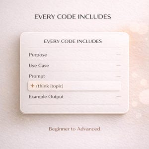 May include: A rectangular white card featuring the text EVERY CODE INCLUDES at the top and bottom. The card lists the fields Purpose, Use Case, Prompt, and Example Output, with a highlighted box containing the text /think [topic] and a star icon.