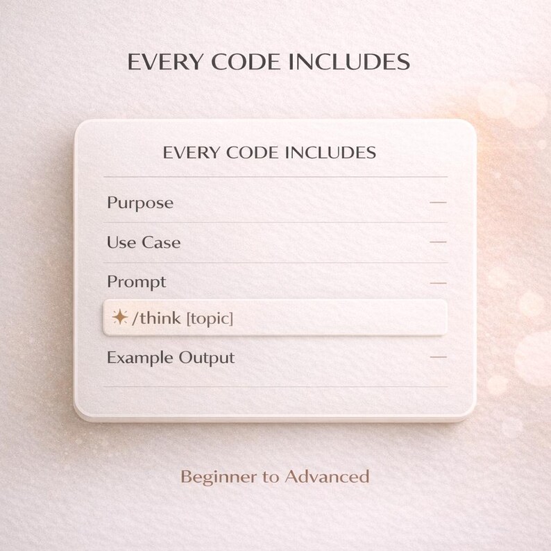 May include: A rectangular white card featuring the text EVERY CODE INCLUDES at the top and bottom. The card lists the fields Purpose, Use Case, Prompt, and Example Output, with a highlighted box containing the text /think [topic] and a star icon.