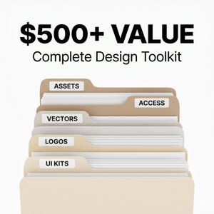 May include: A stack of file folders labeled "Assets", "Vectors", "Logos", and "UI Kits" with the text "$500+ VALUE Complete Design Toolkit". The folders are beige and white, suggesting a digital design resource.