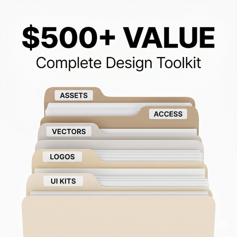 May include: A stack of file folders labeled "Assets", "Vectors", "Logos", and "UI Kits" with the text "$500+ VALUE Complete Design Toolkit". The folders are beige and white, suggesting a digital design resource.