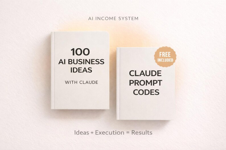 May include: Two white books with black text. The left book reads 100 AI BUSINESS IDEAS WITH CLAUDE. The right book reads CLAUDE PROMPT CODES with a tan circular badge stating FREE INCLUDED. Above is AI INCOME SYSTEM and below is Ideas + Execution = Results.