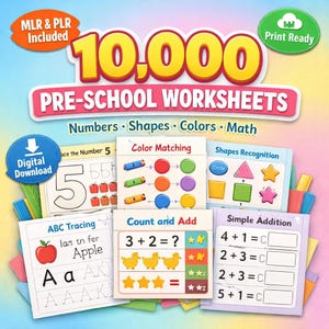10,000 Pre School Kids Worksheets, Number Worksheets | Shapes Color Worksheets | Math Worksheets | Toddler Workbook |MLR PLR