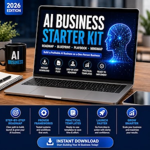 Puede incluir: Un portátil que muestra el AI Business Starter Kit 2026 Edition con un gráfico de cabeza digital, junto a una taza negra etiquetada como AI Business. La pantalla incluye texto como Roadmap, Blueprint, Playbook, Mindmap e Instant Download.