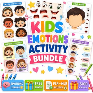 Kids Emotions Activity Bundle Printable, Feelings Flashcards & Worksheets, Social Emotional Learning ides, Toddler Emotions Game, PLR MLR