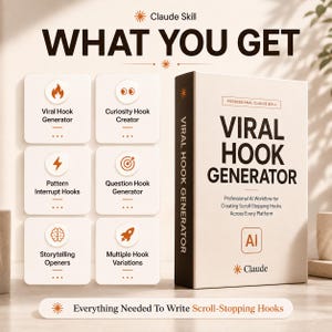 May include: A beige box labeled Viral Hook Generator with a list of features including Viral Hook Generator, Curiosity Hook Creator, Pattern Interrupt Hooks, Question Hook Generator, Storytelling Openers, and Multiple Hook Variations for AI workflows.