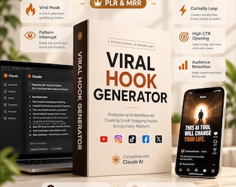 Pode incluir: Uma caixa de produto digital rotulada como Viral Hook Generator com o texto Professional AI Workflow for Creating Scroll-Stopping Hooks Across Every Platform. Apresenta ícones para YouTube, Instagram, TikTok, Facebook e X, além de texto indicando compatibilidade com Claude AI.