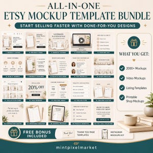 May include: An Etsy mockup template bundle with the text "ALL-IN-ONE ETSY MOCKUP TEMPLATE BUNDLE" and "START SELLING FASTER WITH DONE-FOR-YOU DESIGNS". The image includes examples of product listings, product pages, and shop mockups. It also includes a special offer of 20% off.