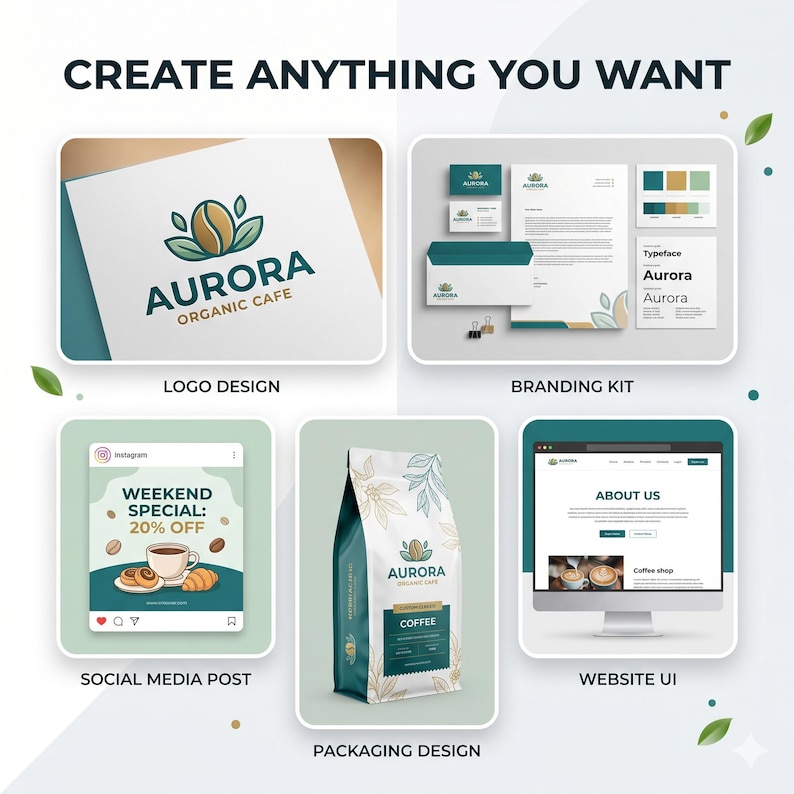 May include: A graphic design showcasing branding elements for "Aurora Organic Cafe." Includes a logo, branding kit, social media post, coffee packaging, and website UI. The logo features a coffee bean and leaves. The text "CREATE ANYTHING YOU WANT" is at the top.