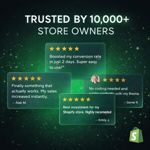 May include: A dark green graphic with the text TRUSTED BY 10,000+ STORE OWNERS. It features four translucent rectangular review boxes with five-star ratings and customer testimonials, including quotes from Aiah M., Daniel R., and Emily J.