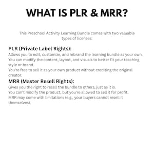 Peut inclure: Fond blanc avec le texte "WHAT IS PLR & MRR ?" et des descriptions de PLR (Private Label Rights) et MRR (Master Resell Rights) pour un ensemble d'apprentissage d'activit&eacute;s pr&eacute;scolaires. Le texte explique les droits de modifier, personnaliser et revendre l'ensemble.