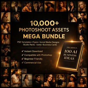 May include: A promotional image for a mega bundle of photoshoot assets. The image features a collection of portraits and a graphic with the text "10,000+ PHOTOSHOOT ASSETS MEGA BUNDLE". Includes PSD templates, flyers, social media designs, studio packs, icons, and business cards.