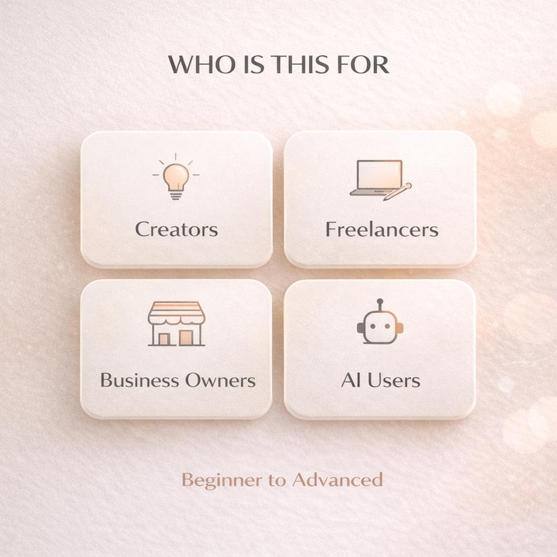 May include: A graphic with the text WHO IS THIS FOR at the top and Beginner to Advanced at the bottom. Four rounded rectangles contain icons and labels: a lightbulb for Creators, a laptop for Freelancers, a shop for Business Owners, and a robot for AI Users.
