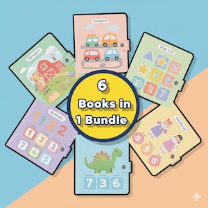 May include: Six colorful educational books in a bundle. Each book features a different theme, including numbers, shapes, and sorting activities. The books have a variety of illustrations, including cars, dinosaurs, and farm animals. The text "6 Books in 1 Bundle" is also visible.
