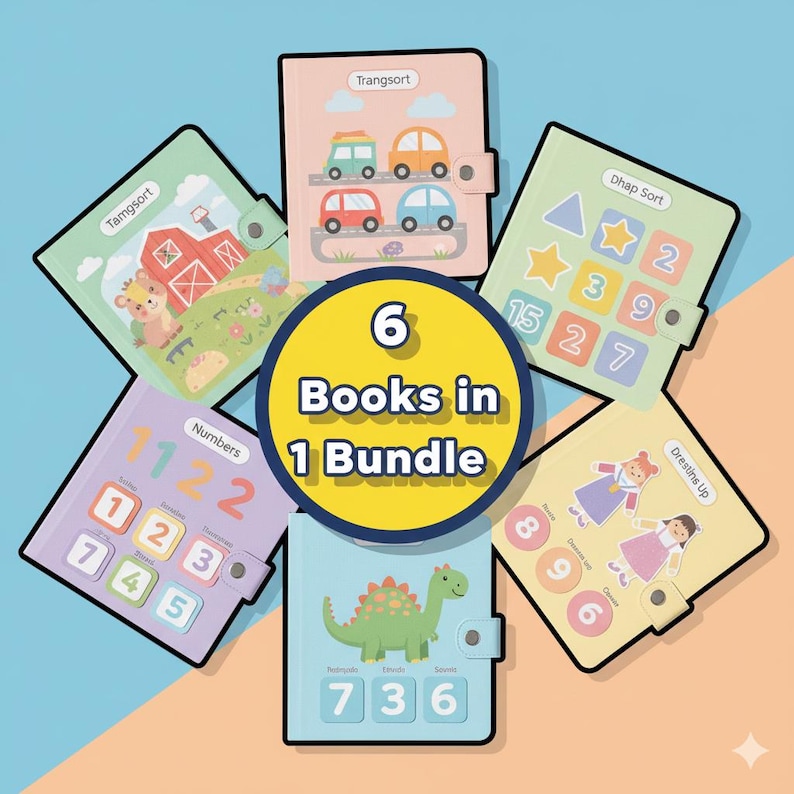 May include: Six colorful educational books in a bundle. Each book features a different theme, including numbers, shapes, and sorting activities. The books have a variety of illustrations, including cars, dinosaurs, and farm animals. The text "6 Books in 1 Bundle" is also visible.
