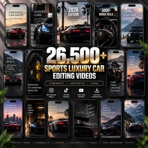 Puede incluir: Una colección digital de 26,500+ videos de edición de autos deportivos de lujo para Instagram Reels, TikTok y YouTube Shorts. La pantalla muestra múltiples teléfonos inteligentes con imágenes de autos y superposiciones de texto.