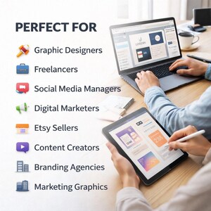 May include: A laptop and tablet are on a wooden desk. The laptop displays a website design, while the tablet shows a design interface. The text "PERFECT FOR" is at the top, followed by a list of professions, including Graphic Designers and Etsy Sellers.