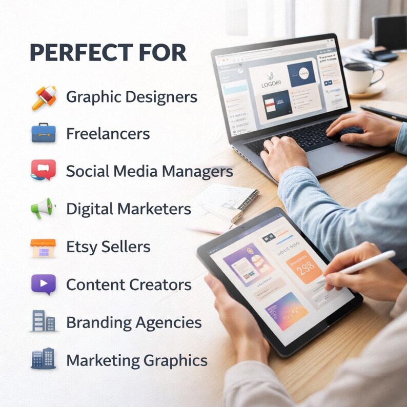 May include: A laptop and tablet are on a wooden desk. The laptop displays a website design, while the tablet shows a design interface. The text "PERFECT FOR" is at the top, followed by a list of professions, including Graphic Designers and Etsy Sellers.