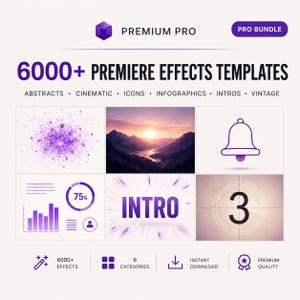 Könnte beinhalten: Werbegrafik für Premiere Pro mit dem Text "6000+ PREMIERE EFFECTS TEMPLATES". Das Bild enthält verschiedene visuelle Elemente, wie abstrakte Designs, Landschaftsfotos und Countdown-Timer, mit dem Wort "INTRO" und der Zahl "3".