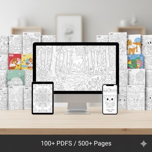 May include: A computer monitor, a tablet, and a smartphone displaying black and white line art coloring pages. The monitor shows a forest scene, the tablet shows a mandala, and the phone shows a cartoon tiger with the text 100+ Pages.