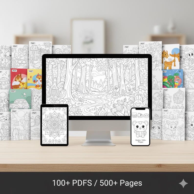 May include: A computer monitor, a tablet, and a smartphone displaying black and white line art coloring pages. The monitor shows a forest scene, the tablet shows a mandala, and the phone shows a cartoon tiger with the text 100+ Pages.