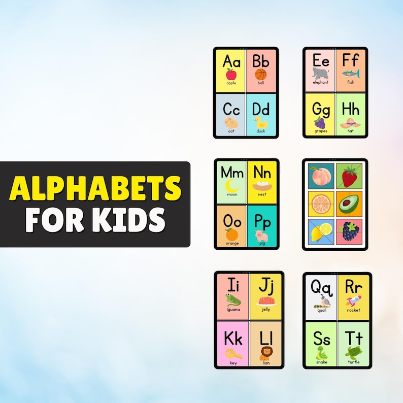May include: Educational flashcards for kids featuring the alphabet. Each card displays a letter with a corresponding image, such as an apple for 'A' and a ball for 'B'. The set includes the text 'ALPHABETS FOR KIDS'.