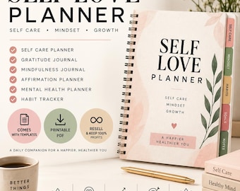 Self Love Planner Canva Template | Self Care Planner PDF | Gratitude Journal | Mindfulness & Affirmation Planner | Mental Health Journal