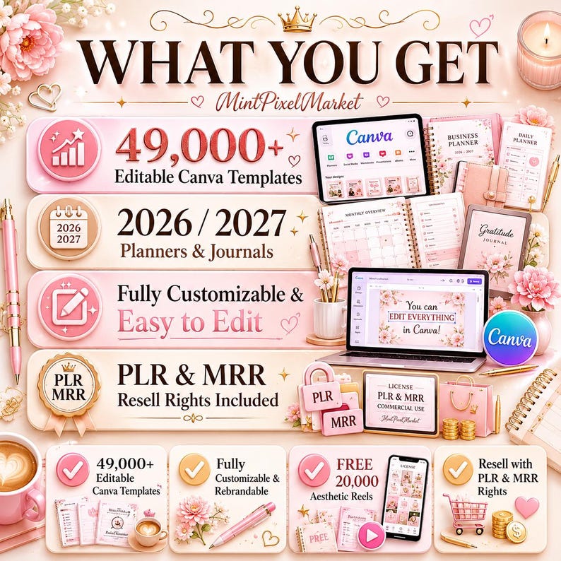 May include: A promotional image with a pink and white theme, showcasing digital products. Text includes "WHAT YOU GET," "49,000+ Editable Canva Templates," and "2026/2027 Planners & Journals." The image features a laptop, tablet, and various stationery items.