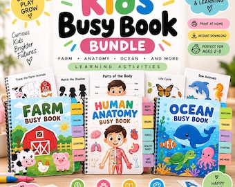 Kids Busy Book Bundle for Toddlers | Farm, Anatomy & Ocean Learning Activities, Montessori Preschool Printable, busy book, busy book bundle