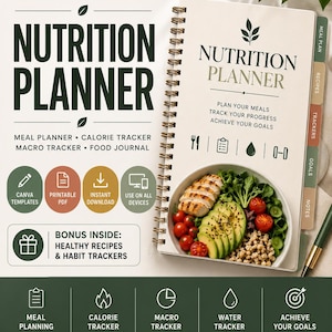 May include: A spiral-bound nutrition planner with a cream cover featuring the text Nutrition Planner, Plan Your Meals, Track Your Progress, Achieve Your Goals, and icons of a fork, checklist, water drop, and weight. Includes tabs for meal plans and recipes.