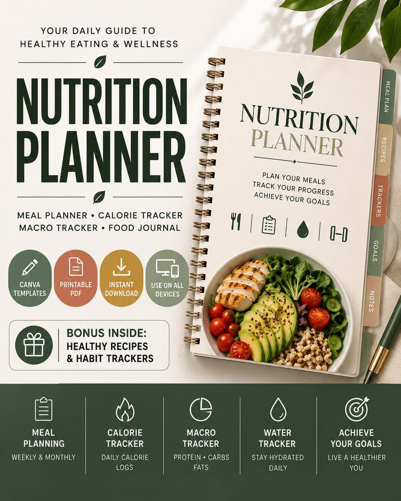 May include: A spiral-bound nutrition planner with a cream cover featuring the text Nutrition Planner, Plan Your Meals, Track Your Progress, Achieve Your Goals, and icons of a fork, checklist, water drop, and weight. Includes tabs for meal plans and recipes.