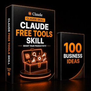 Puede incluir: Dos cajas de productos rectangulares negras con detalles en naranja brillante. La caja más grande presenta el texto Claude, Claude Skill, Claude Free Tools Skill y Boost Your Productivity, con un gráfico de una caja de herramientas. La caja más pequeña muestra 100 Business Ideas.