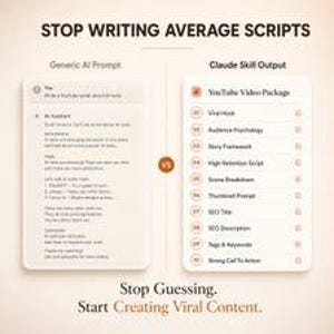 May include: A comparison graphic titled STOP WRITING AVERAGE SCRIPTS. On the left, a Generic AI Prompt box shows a basic script. On the right, a Claude Skill Output box lists a YouTube Video Package with ten numbered steps. The text Stop Guessing. Start Creating Viral Content appears at the bottom.