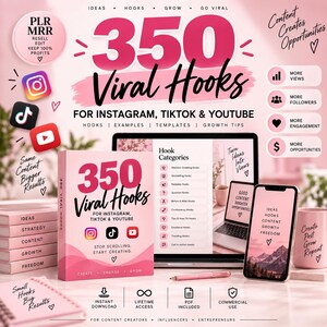 350 Viral Hooks for Instagram Reels, TikTok & YouTube,  Content Creator Hook Guide, Viral Content, Social Media Growth, PLR MRR, Digital PDF
