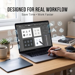 May include: A laptop displaying a design interface with various icons and a stylus. The text "DESIGNED FOR REAL WORKFLOW" and "Save Time &bull; Work Faster" are visible. A mouse, a tablet, a mug, and a succulent plant are on the wooden desk.