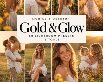 Gold and Glow Lightroom Presets – 50 Warm Tone Mobile  Desktop Filters, Lightroom CC DNG XMP Portrait & Travel Photo Editing