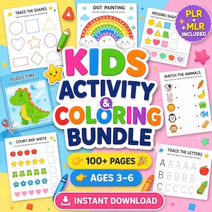 May include: A digital kids activity and coloring bundle featuring over 100 pages for ages 3-6. The collection includes worksheets for tracing shapes, dot painting a rainbow, matching animals, counting, and tracing letters with an instant download.