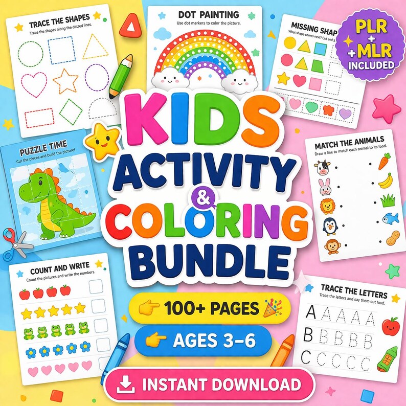 May include: A digital kids activity and coloring bundle featuring over 100 pages for ages 3-6. The collection includes worksheets for tracing shapes, dot painting a rainbow, matching animals, counting, and tracing letters with an instant download.