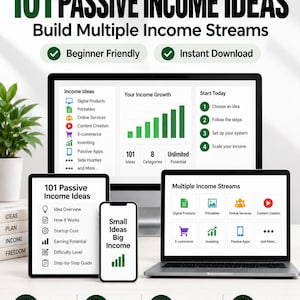 May include: A digital product guide titled 101 Passive Income Ideas Build Multiple Income Streams displayed on a computer monitor, a tablet, and a smartphone. The screens show lists of income categories, growth charts, and step-by-step instructions.