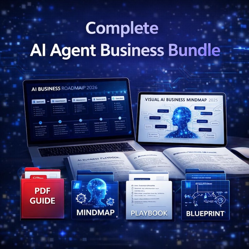 Op de afbeelding: Een digitale productcollectie getiteld Complete AI Agent Business Bundle met een laptop die een AI Business Roadmap 2026 toont, een tablet met een Visual AI Business Mindmap 2025, een open handboek en vier mappen met de labels PDF Guide, Mindmap, Playbook en Blueprint.