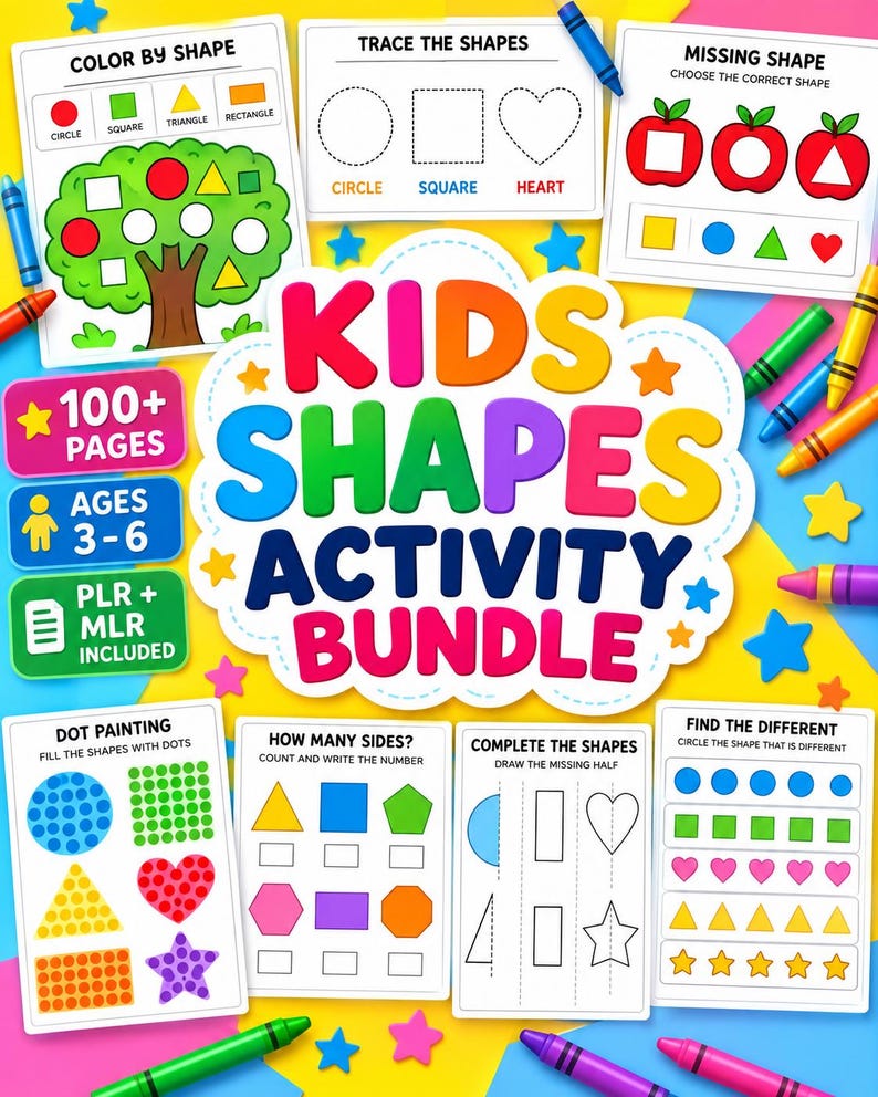 May include: A digital activity bundle for children ages 3-6 featuring 100+ pages of shape-themed worksheets. The central title reads Kids Shapes Activity Bundle, surrounded by colorful educational sheets including dot painting, shape tracing, and counting exercises.