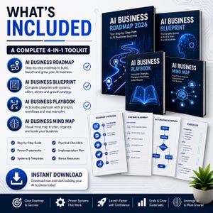 Op de afbeelding: Een digitaal productpakket getiteld AI Business Roadmap 2026, AI Business Blueprint, AI Business Playbook en AI Business Mind Map. De set bevat vier boeken met donkerblauwe covers, vier witte informatiebladen en een lijst met onderdelen.