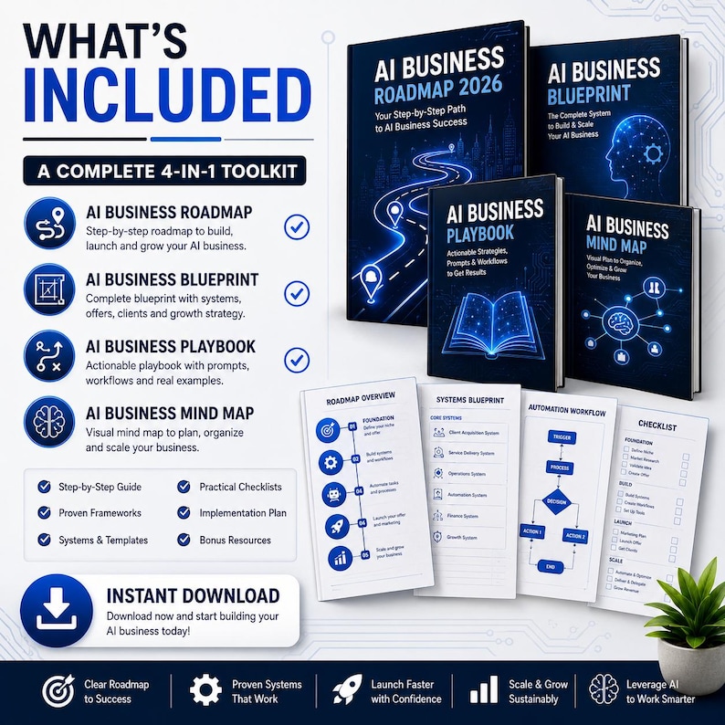 Op de afbeelding: Een digitaal productpakket getiteld AI Business Roadmap 2026, AI Business Blueprint, AI Business Playbook en AI Business Mind Map. De set bevat vier boeken met donkerblauwe covers, vier witte informatiebladen en een lijst met onderdelen.